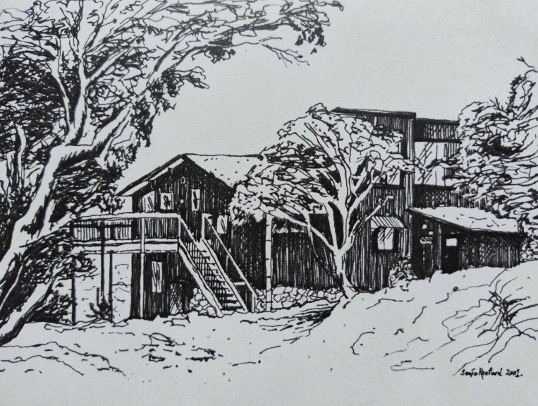 Ink drawing of a ski chalet